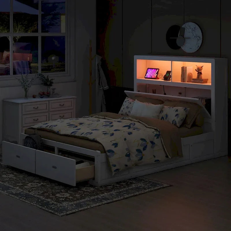 Letto a piattaforma idraulico matrimoniale in legno con LED e stazione di ricarica