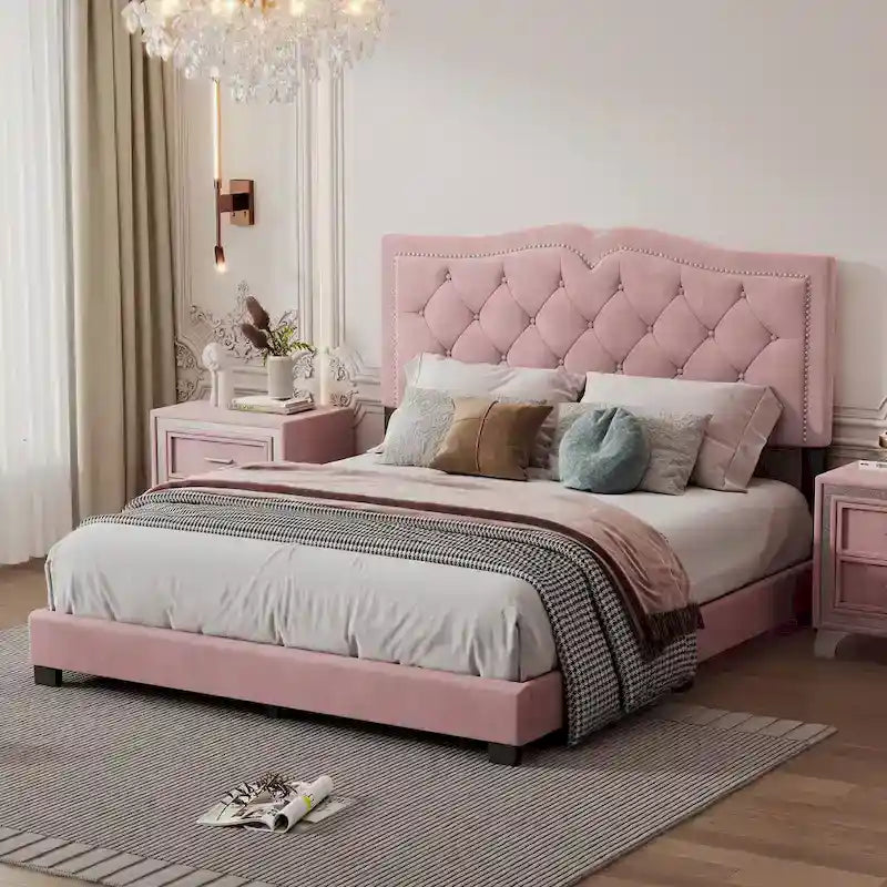 Struttura letto imbottita queen size con design a rivetto
