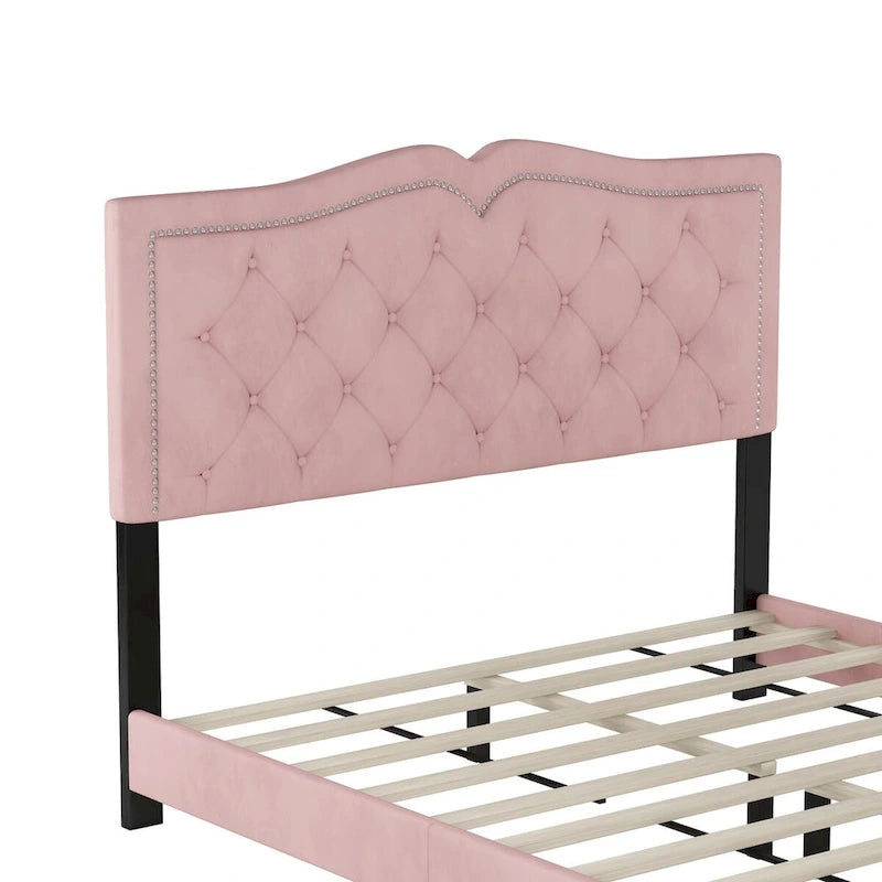 Struttura letto imbottita queen size con design a rivetto