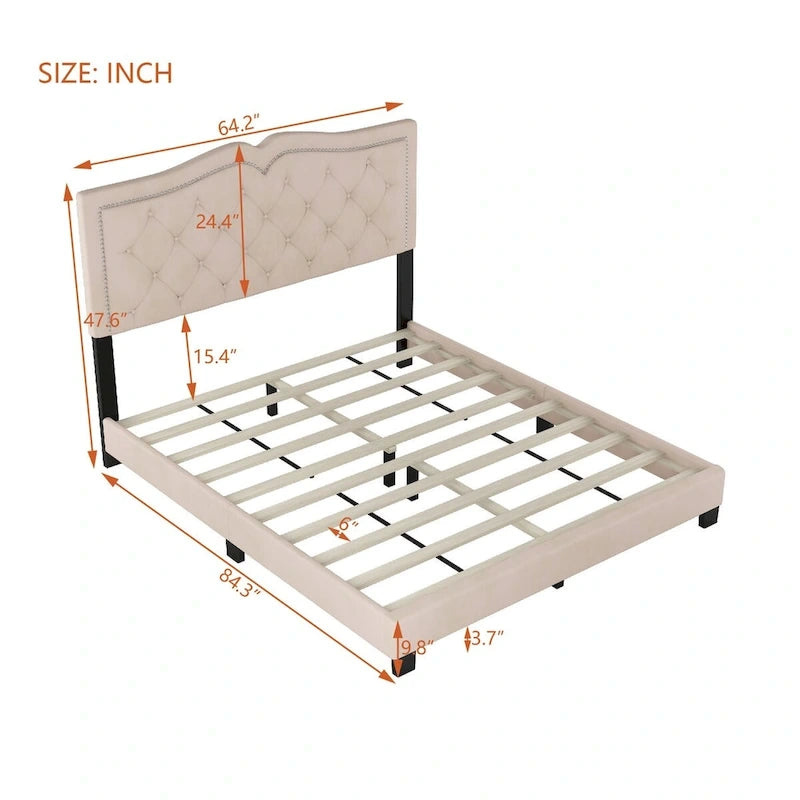 Struttura letto imbottita queen size con design a rivetto