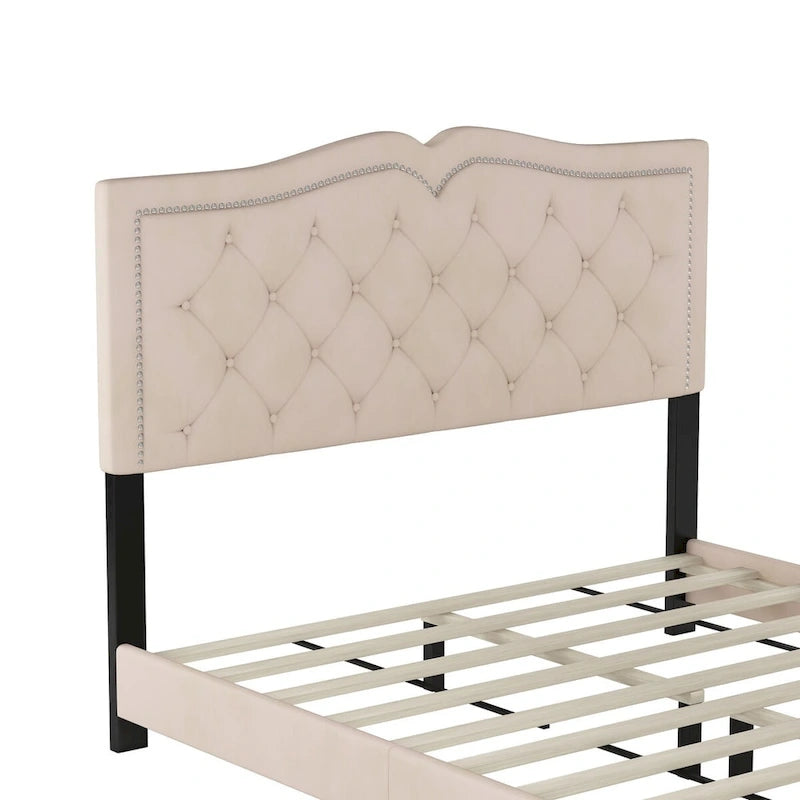 Struttura letto imbottita queen size con design a rivetto