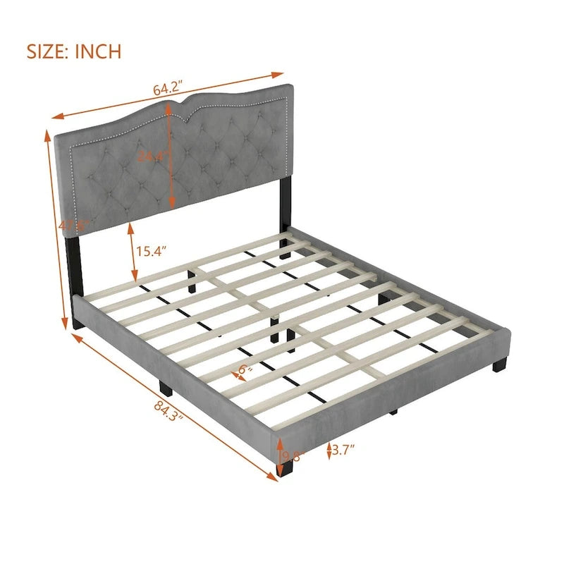 Struttura letto imbottita queen size con design a rivetto