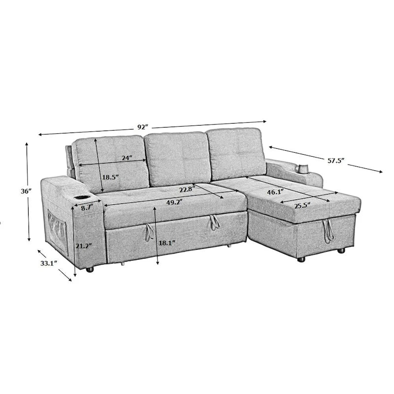 Divano componibile imbottito estraibile con chaise longue contenitore