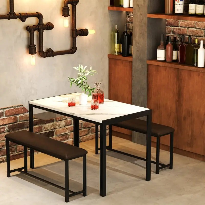 Set da pranzo in simil marmo da 3 pezzi, set da tavolo da cucina con 2 panche in pelle PU per sala da pranzo, angolo colazione