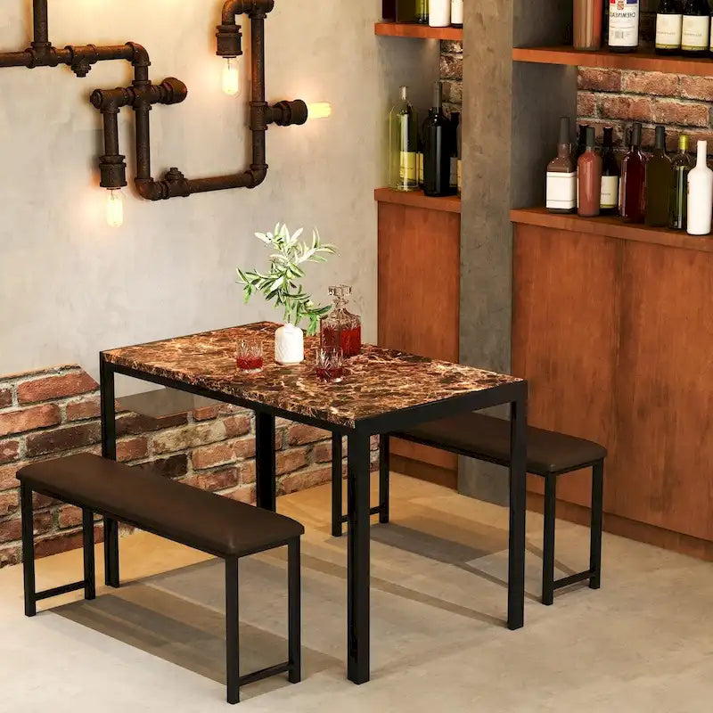 Set da pranzo in simil marmo da 3 pezzi, set da tavolo da cucina con 2 panche in pelle PU per sala da pranzo, angolo colazione