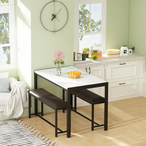 Set da pranzo in simil marmo da 3 pezzi, set da tavolo da cucina con 2 panche in pelle PU per sala da pranzo, angolo colazione