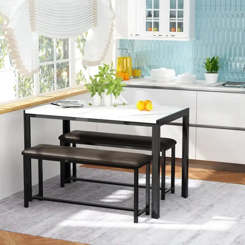 Set da pranzo in simil marmo da 3 pezzi, set da tavolo da cucina con 2 panche in pelle PU per sala da pranzo, angolo colazione