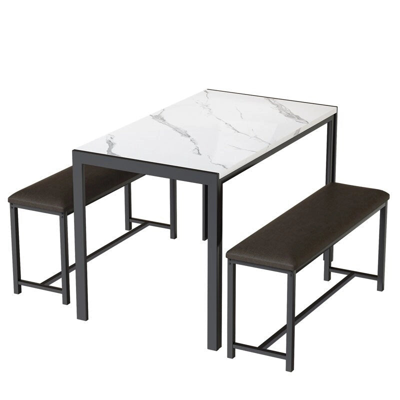 Set da pranzo in simil marmo da 3 pezzi, set da tavolo da cucina con 2 panche in pelle PU per sala da pranzo, angolo colazione