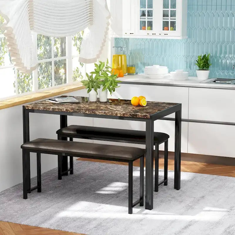 Set da pranzo in simil marmo da 3 pezzi, set da tavolo da cucina con 2 panche in pelle PU per sala da pranzo, angolo colazione