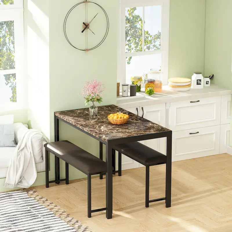 Set da pranzo in simil marmo da 3 pezzi, set da tavolo da cucina con 2 panche in pelle PU per sala da pranzo, angolo colazione