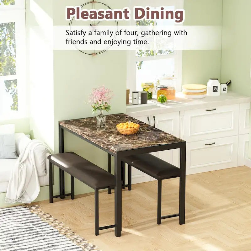 Set da pranzo in simil marmo da 3 pezzi, set da tavolo da cucina con 2 panche in pelle PU per sala da pranzo, angolo colazione