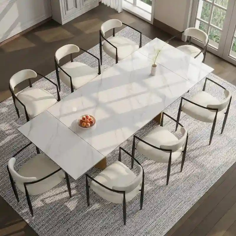 Set da Pranzo Moderno Minimalista da 240 cm (94.48 Inch) a 9 Pezzi con Piano in Pietra Sinterizzata e Doppio Basamento Estensibile