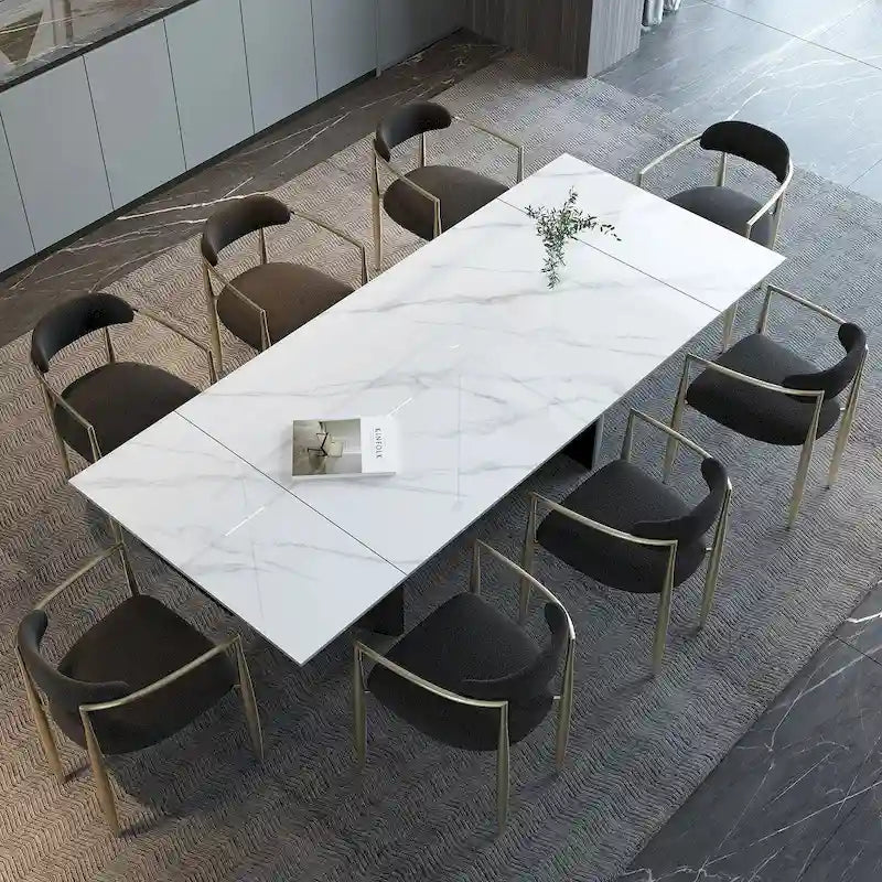 Set da Pranzo Moderno Minimalista da 240 cm (94.48 Inch) a 9 Pezzi con Piano in Pietra Sinterizzata e Doppio Basamento Estensibile