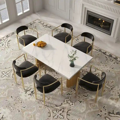 Set da Pranzo Moderno Minimalista da 240 cm (94.48 Inch) a 9 Pezzi con Piano in Pietra Sinterizzata e Doppio Basamento Estensibile