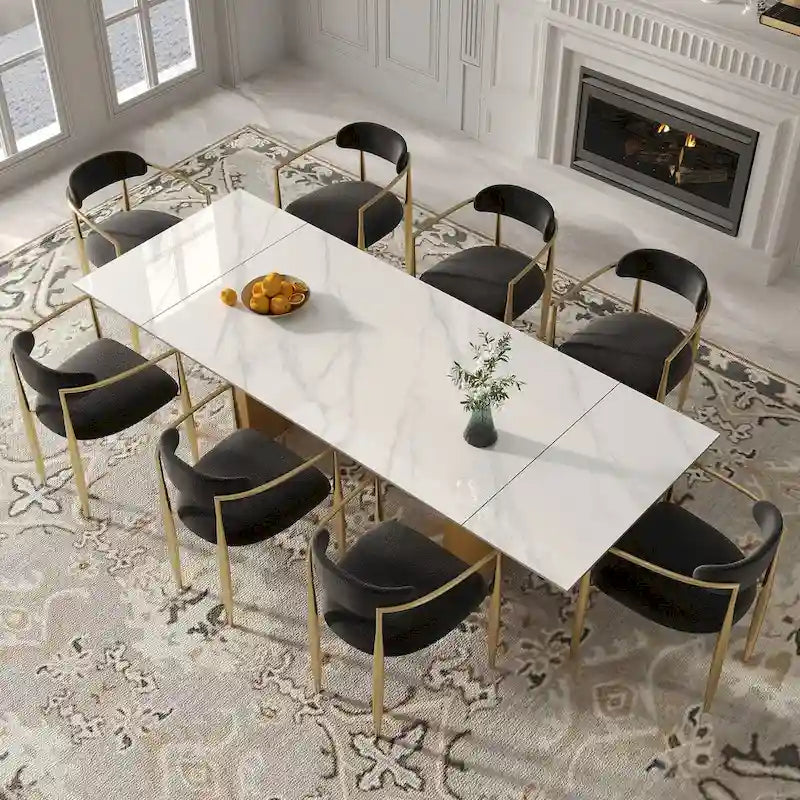 Set da Pranzo Moderno Minimalista da 240 cm (94.48 Inch) a 9 Pezzi con Piano in Pietra Sinterizzata e Doppio Basamento Estensibile