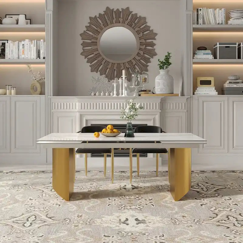 Set da Pranzo Moderno Minimalista da 240 cm (94.48 Inch) a 9 Pezzi con Piano in Pietra Sinterizzata e Doppio Basamento Estensibile