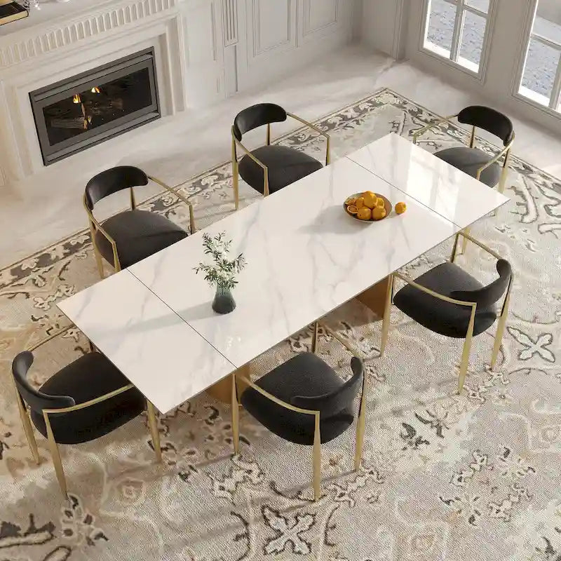 Set da Pranzo Moderno Minimalista da 240 cm (94.48 Inch) a 9 Pezzi con Piano in Pietra Sinterizzata e Doppio Basamento Estensibile