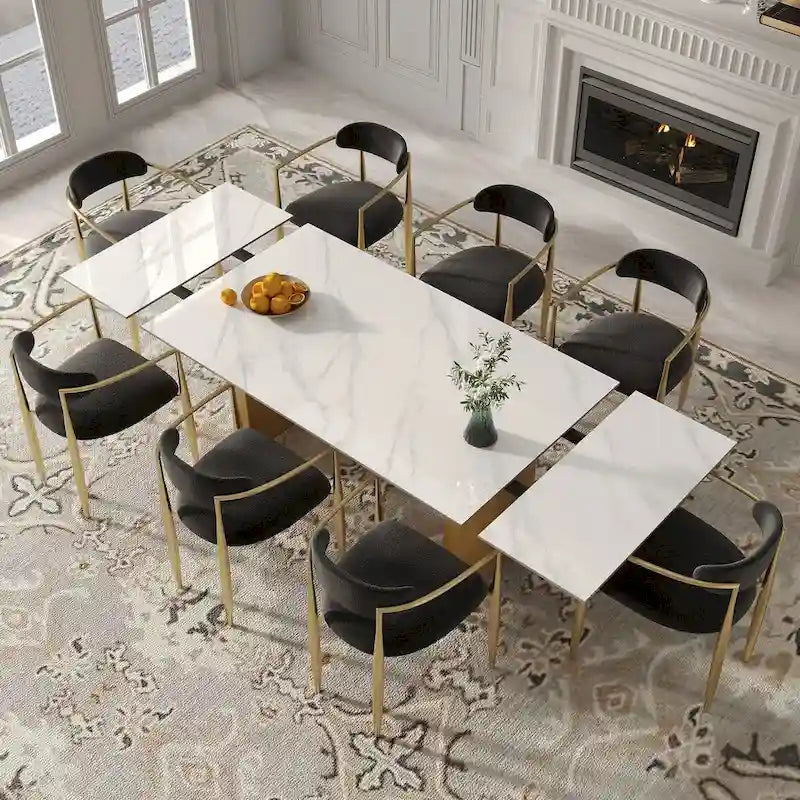 Set da Pranzo Moderno Minimalista da 240 cm (94.48 Inch) a 9 Pezzi con Piano in Pietra Sinterizzata e Doppio Basamento Estensibile