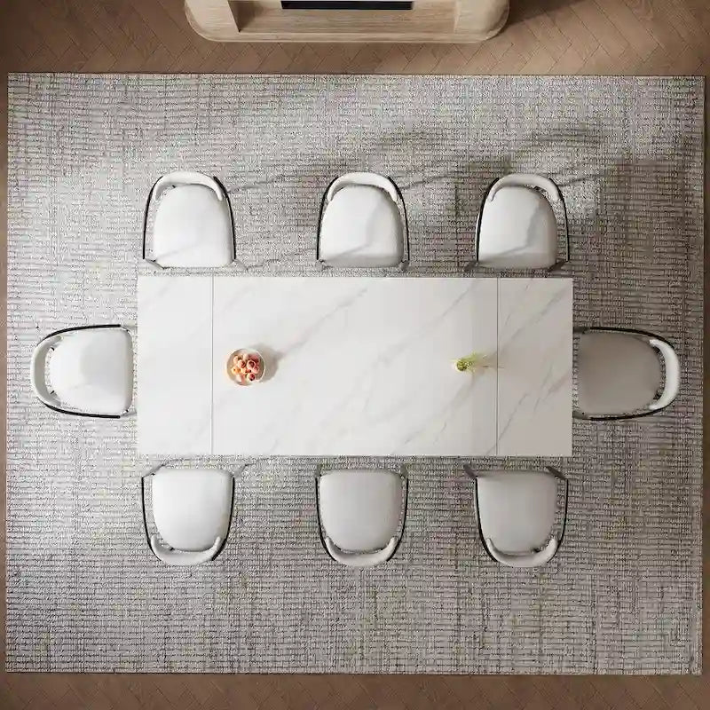 Set da Pranzo Moderno Minimalista da 240 cm (94.48 Inch) a 9 Pezzi con Piano in Pietra Sinterizzata e Doppio Basamento Estensibile