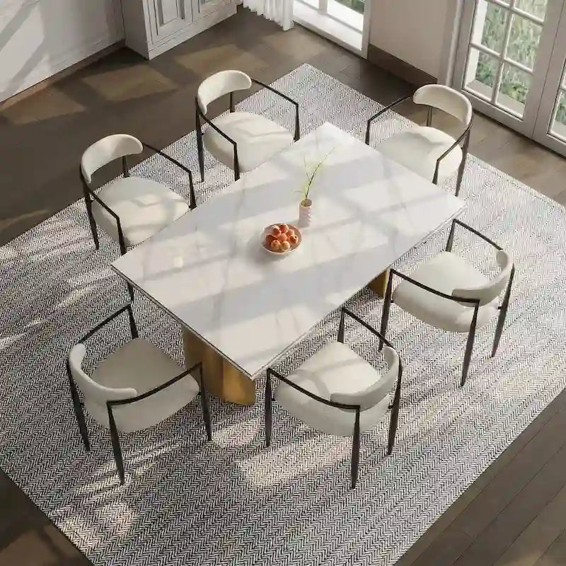 Set da Pranzo Moderno Minimalista da 240 cm (94.48 Inch) a 9 Pezzi con Piano in Pietra Sinterizzata e Doppio Basamento Estensibile