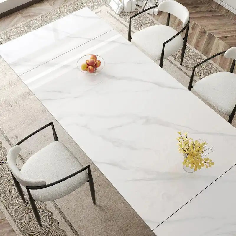 Set da Pranzo Moderno Minimalista da 240 cm (94.48 Inch) a 9 Pezzi con Piano in Pietra Sinterizzata e Doppio Basamento Estensibile