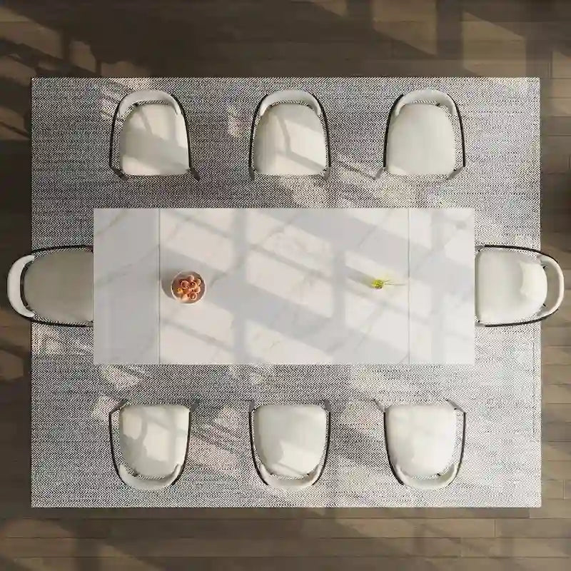 Set da Pranzo Moderno Minimalista da 240 cm (94.48 Inch) a 9 Pezzi con Piano in Pietra Sinterizzata e Doppio Basamento Estensibile
