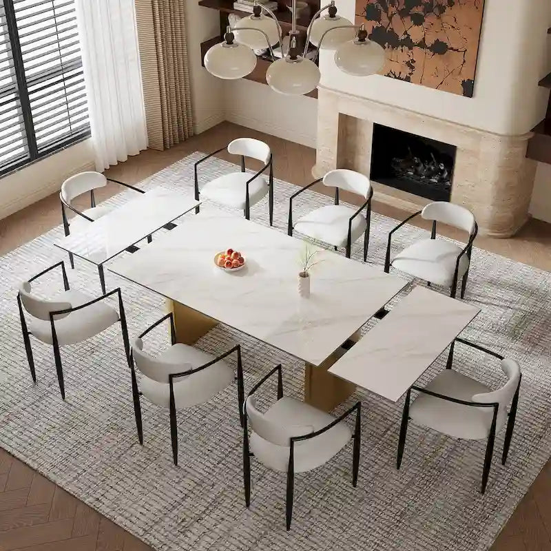 Set da Pranzo Moderno Minimalista da 240 cm (94.48 Inch) a 9 Pezzi con Piano in Pietra Sinterizzata e Doppio Basamento Estensibile
