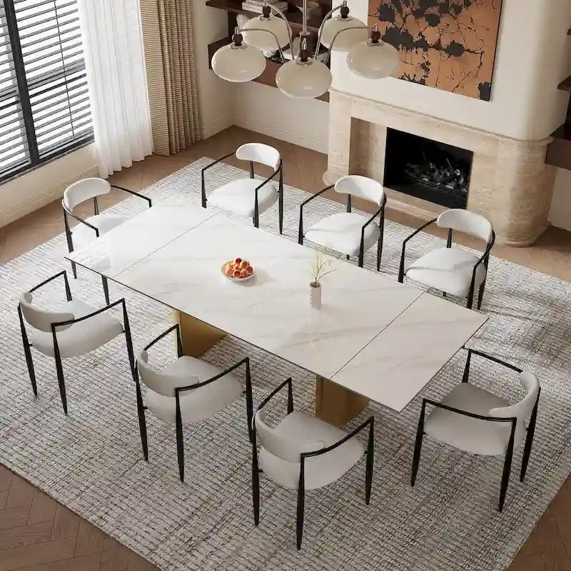 Set da Pranzo Moderno Minimalista da 240 cm (94.48 Inch) a 9 Pezzi con Piano in Pietra Sinterizzata e Doppio Basamento Estensibile