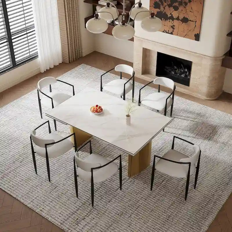 Set da Pranzo Moderno Minimalista da 240 cm (94.48 Inch) a 9 Pezzi con Piano in Pietra Sinterizzata e Doppio Basamento Estensibile