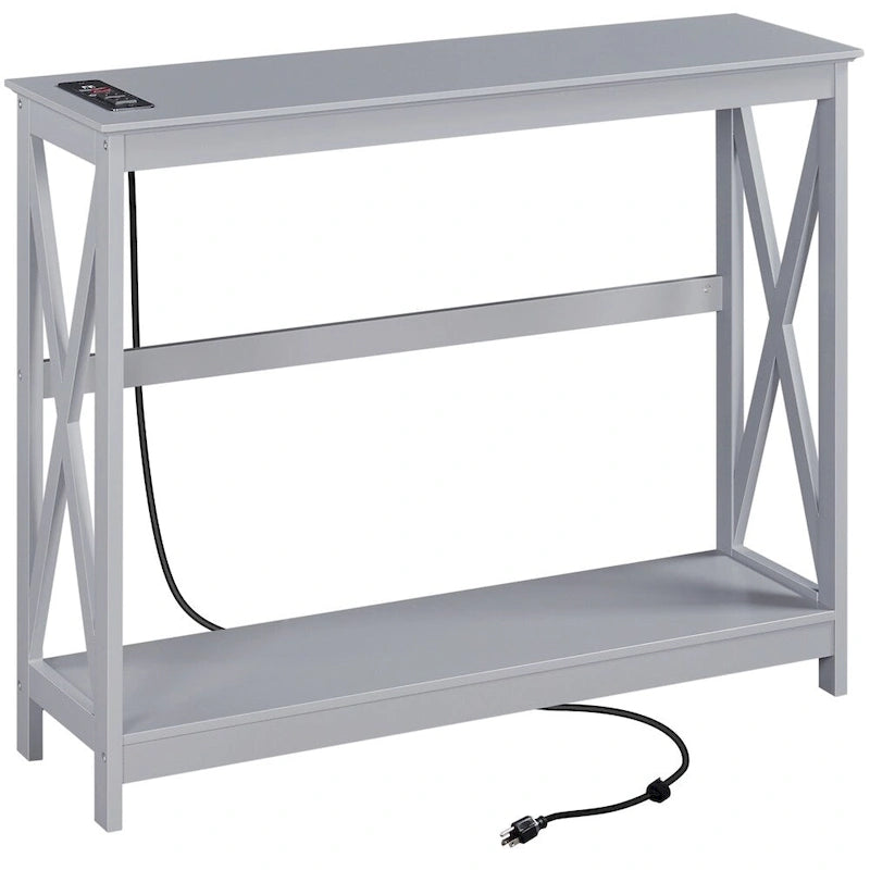 Yaheetech Tavolino Consolle Stretto a 2 Ripiani con Presa di Corrente, Tavolo Consolle Lungo Industriale