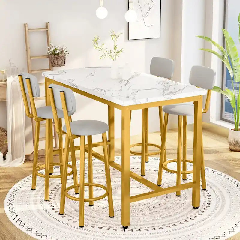 Set da tavolo da pranzo Mieres moderno a 5 pezzi, tavolo da bar con piano in finto marmo e 4 sgabelli da bar imbottiti