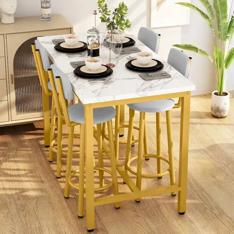 Set da tavolo da pranzo Mieres moderno a 5 pezzi, tavolo da bar con piano in finto marmo e 4 sgabelli da bar imbottiti