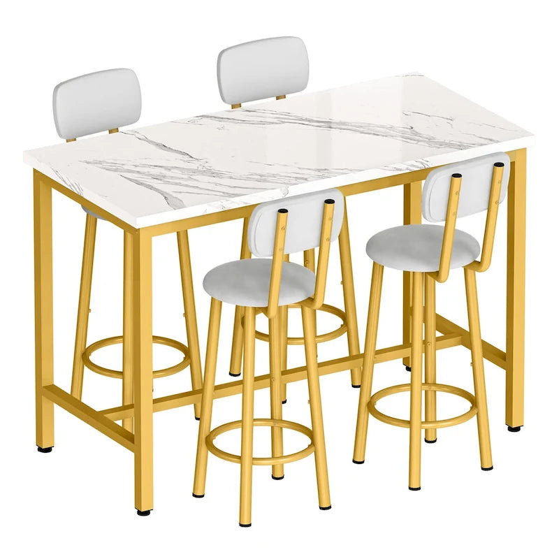 Set da tavolo da pranzo Mieres moderno a 5 pezzi, tavolo da bar con piano in finto marmo e 4 sgabelli da bar imbottiti