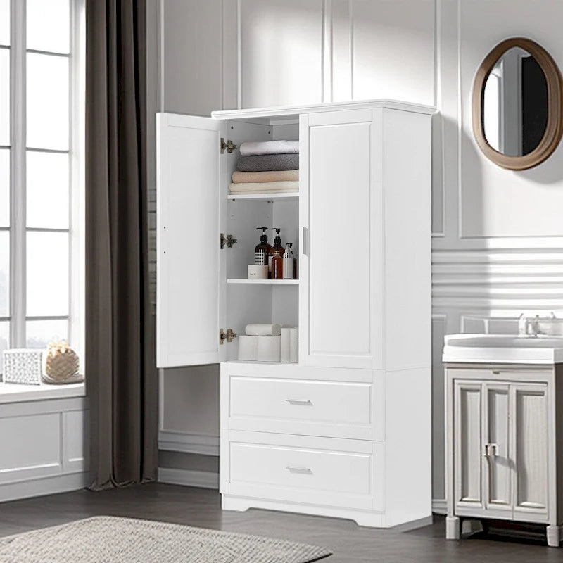 Mobiletto bagno alto con due ante e cassetti, ripiano regolabile