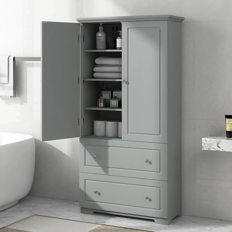 Mobiletto bagno alto con due ante e cassetti, ripiano regolabile