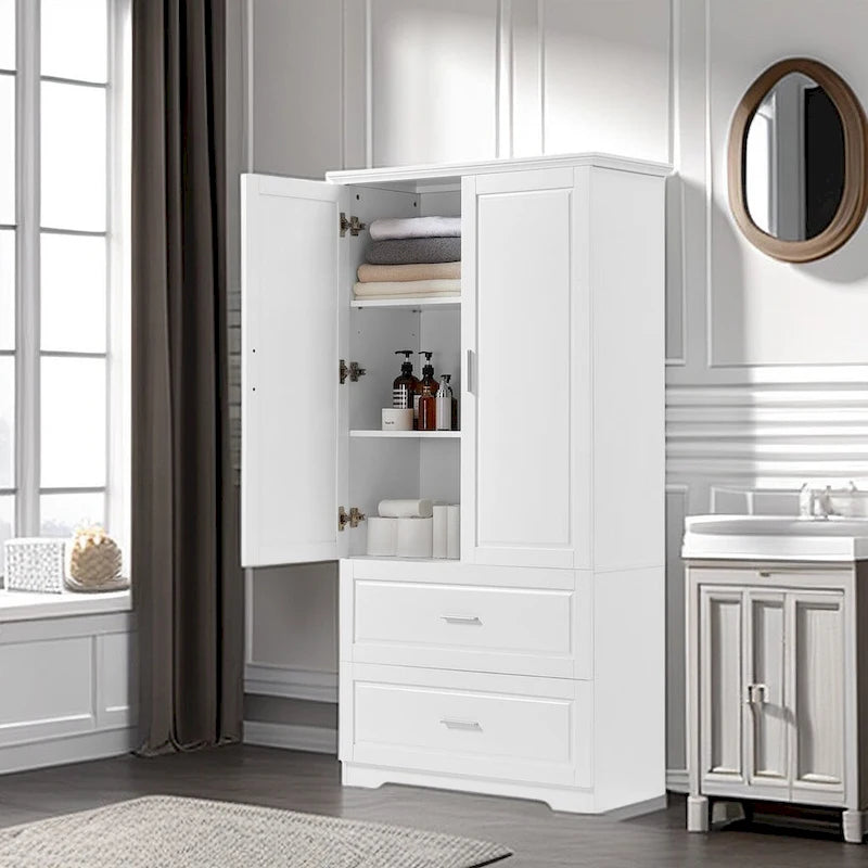 Mobiletto bagno alto con due ante e cassetti, ripiano regolabile
