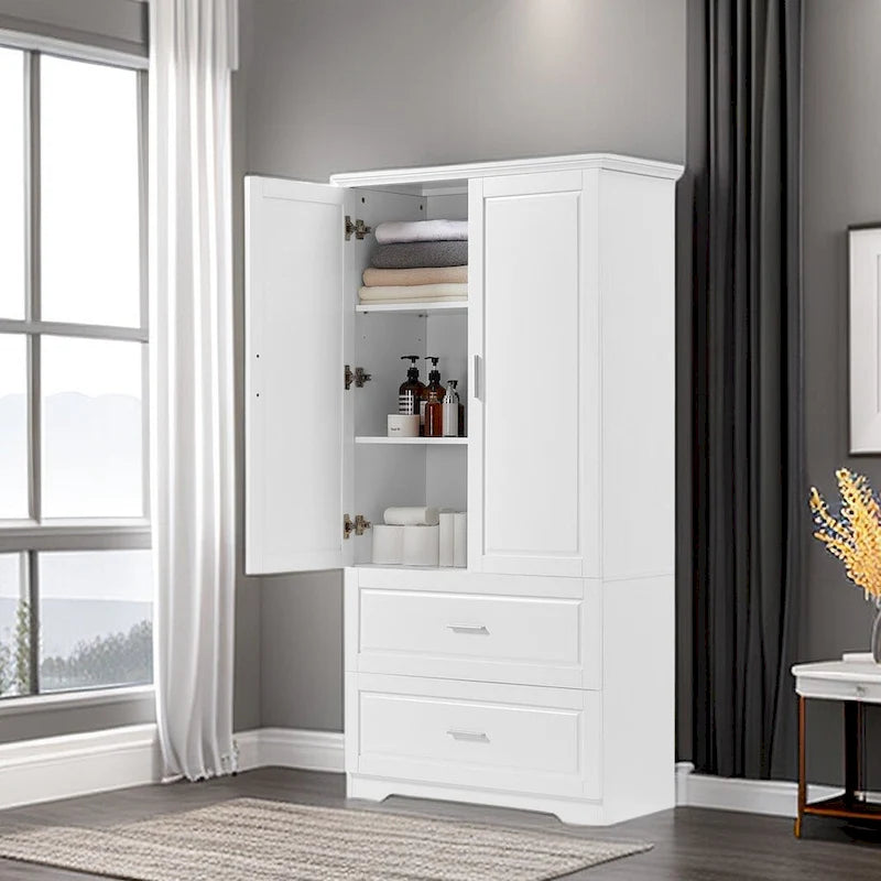 Mobiletto bagno alto con due ante e cassetti, ripiano regolabile